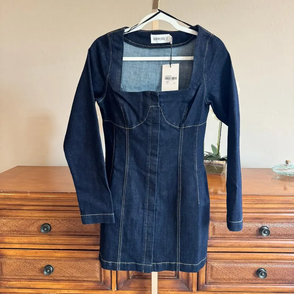 Anthro SOVERE Dusk Denim Mini Dress Ink Blue M NWT - Picture 2 of 9